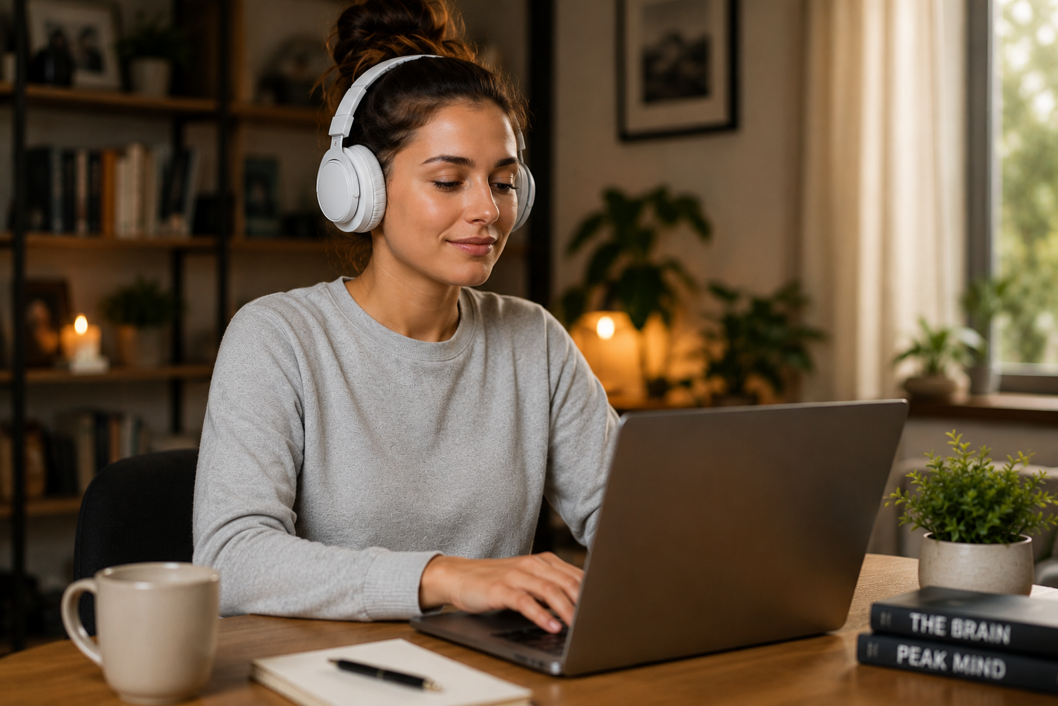 Woman using headphones while working on laptop